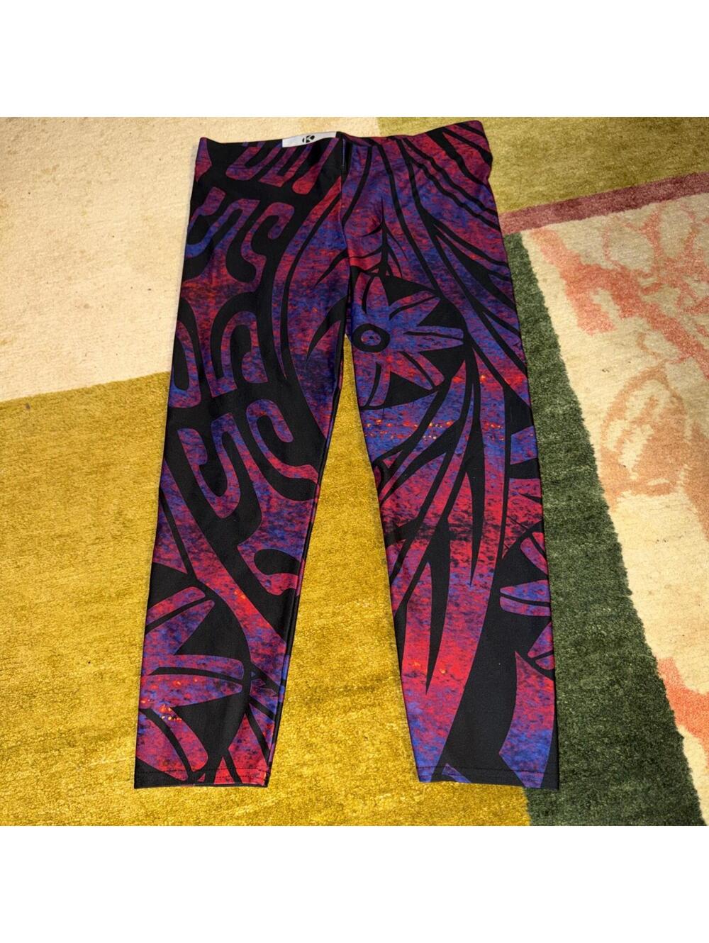 High-Rise Black Leggings with Purple & Red Abstract Floral Print